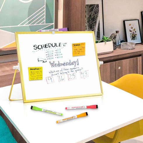 Magnetic Dry Erase White Board, 16" x 12" Double-Sided with Golden Aluminum Frame, Portable Small Set