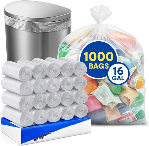 Plexon 12-16 Gallon Clear Trash Bags, 24" x 31" High-Density Garbage Can Liners,