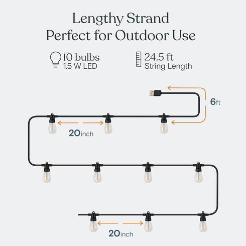 24 Commercial 1W Brightech Ambience Pro USB Powered String Lights - Ft Grade Waterproof String Lights, Outdoor