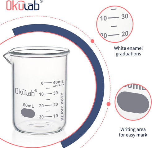 Heavy Duty Glass Beaker Set, Thick-Walled 3.3 Borosilicate Glass Beakers, 10pcs Vol. 50ml with Double Scale Graduation
