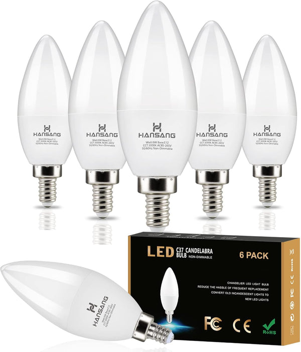 hansang E12 LED Candelabra Bulbs, 3000K Soft White, 6W (60Watt Equivalent), B11 Ceiling Fan Bulbs, 600 Lumen,