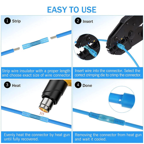 Kuject 200PCS Blue Heat Shrink Butt Connectors, 16-14 Awg, Tinned Copper Crimp Electrical Wire Connectors