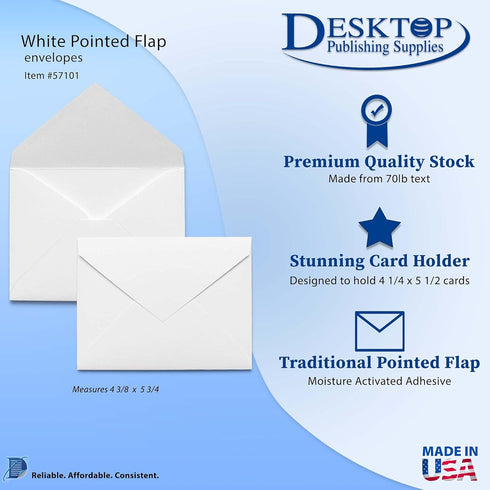 White 5 1/2 Bar Envelopes, A2 Size, 250 Heavyweight 70lb Text Envelopes