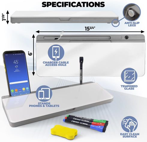 Desktop Whiteboard - Glass Dry Erase White Board - Desk Computer Buddy – Home Office & Studying Essentials - Desktop Pad with Phone & Tablet Slot, Storage Compartment - includes 4 Markers, 1 Eraser by Shop Square