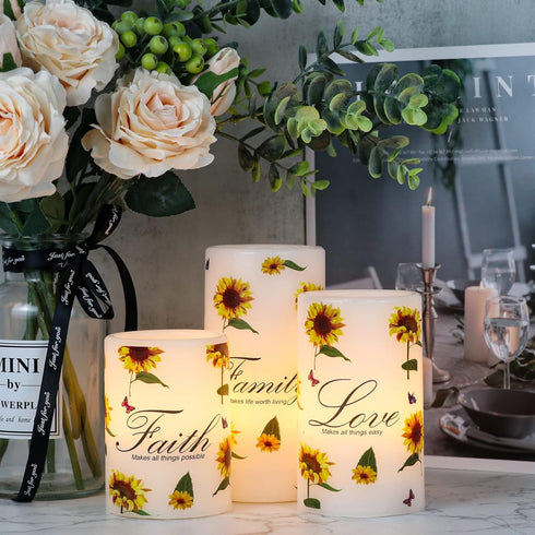 6H Set 3 Decor(3 4,5,6 Inches) Sunflower Flameless Flickering Candles with Timer, of Battery Operated White Real Wax