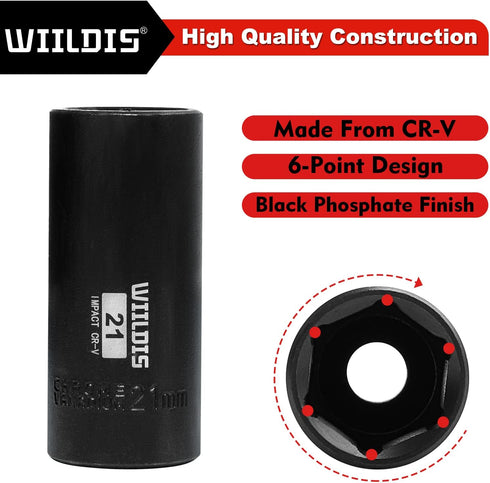 14 3/8-Inch Set, 7mm 21mm, 6-Point, 14 3/8" WIILDIS Pieces Drive Deep Impact Socket to CR-V, Metric, Pieces Dr. Socket