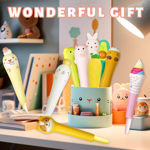 Kawaii Squishies Pens 10pk, Gel Ink Animal Pens, Fun Kids Stationary, Great for Stress Relief, 20 Refills