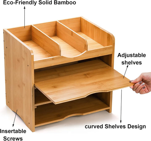 DEAYOU Bamboo Desk File Organizer, 13" Document Letter Tray Sorter with 2 Adjustable Shelves, 4 Tier Mail Organizer