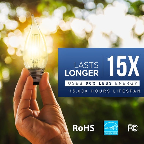 Xtricity 5.5W Flame Tip Clear Filament Chandelier Light Bulbs, 60W Equivalent, 500 Lumens, 2 Pack
