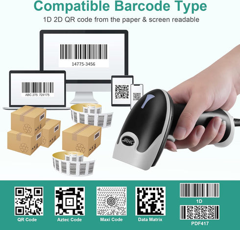 JRHC 1D 2D PDF417 Barcode Scanner, Handheld USB Barcode Scanner Wired Connection Barcode Reader QR Data Matrix