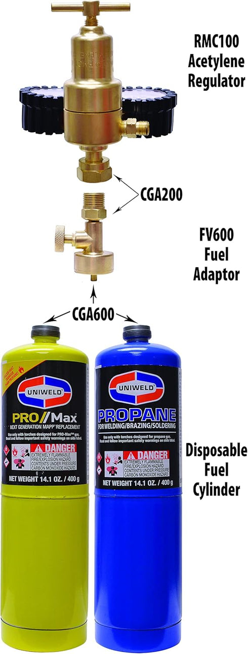 Uniweld FV600 Oxy/Fuel Adapter to Connect MC Regulator (CGA200) to Disposable Fuel Cylinder (CGA600)