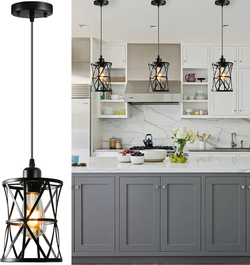 Laihezz 1-Light Black Pendant Light, Industrial Modern Small Hanging Light Fixture, Single Farmhouse Light for Kitchen