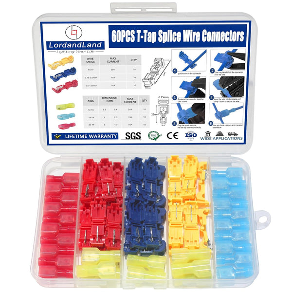 60 Pcs/30 Pairs Quick Splice Wire Terminals T-Tap Self-Stripping Nylon Fully Insulated