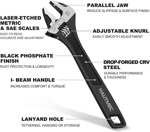 HAUTMEC 6 inch Adjustable Wrench, Extra Wide Jaw Black Finish, Drop-Forged CR-V Steel for Home Garage Workshop DIY