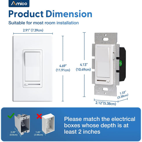 1 Pack Dimmer 3-Way Dimmer, 150W 600W Bulb, Amico Light Switch, Single-Pole or Compatible Slide Control Suitable