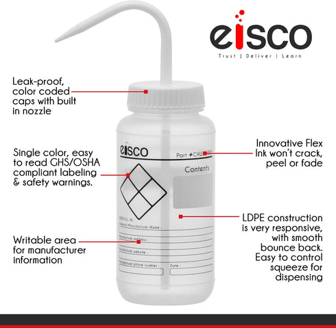 EISCO 500ml Chemical Wash Bottle, Wide Mouth, Self Venting, Low Density Polyethylene for Performance Plastics Labs