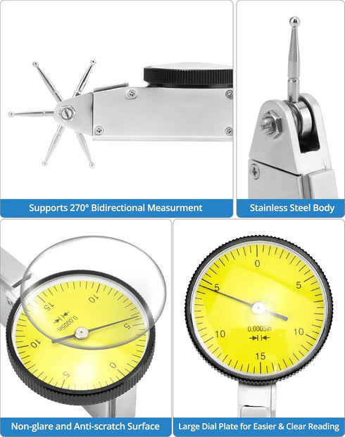 QWORK Dial Test Indicator with 2 Steel Dovetail Clamps, 0.030" Test Indicator, 0.0005" GR Dial Reading for Machine