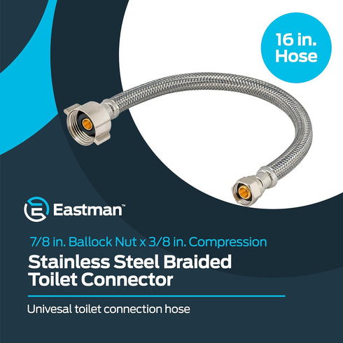 Eastman 16 Inch Flexible Toilet Connector, 7/8 Inch Ballcock x 3/8 Inch Compression, Stainless Steel Braided Hose, 48089 by Eastman