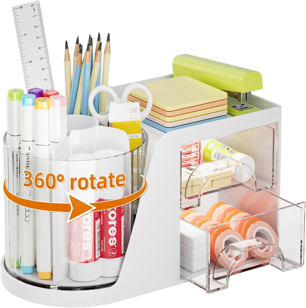 Marbrasse Desk Organizer with 2 Drawer - 360° Rotating Pen Holder, 6 Slots Pencil Organizer for Office