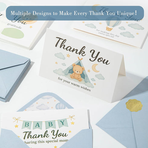 C2U 24 Pack Baby Shower Thank You Cards for Boy - with Envelopes & Gold Stickers,Baby Shower Greeting Cards Bulk