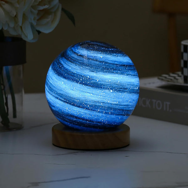 wpdash Glass Planet Desk Lamp, 12cm 3-Color Changing LED Globe on Wood Stand
