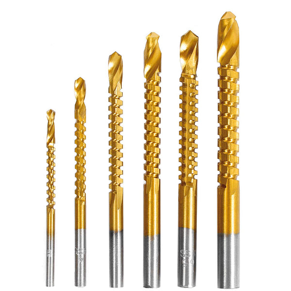 Titanium Coated HSS Twist Drill Bits - 6pcs, 3-8mm Serrated Grooving Cutting Tool for Wood, Metal, Plastic