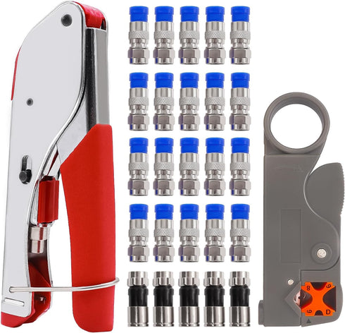 mxuteuk RG59 RG6 Coax Cable Crimper Tool Kit, Coaxial Compression Tool Fitting Wire Stripper with 25pcs RG6 Connectors