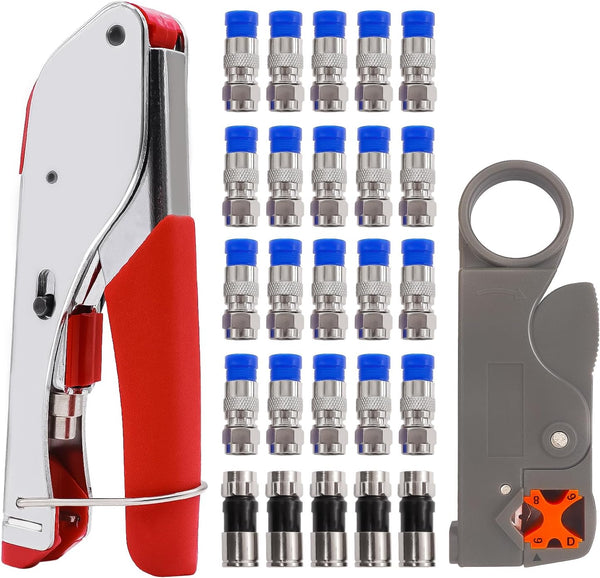 mxuteuk RG59 RG6 Coax Cable Crimper Tool Kit, Coaxial Compression Tool Fitting Wire Stripper with 25pcs RG6 Connectors