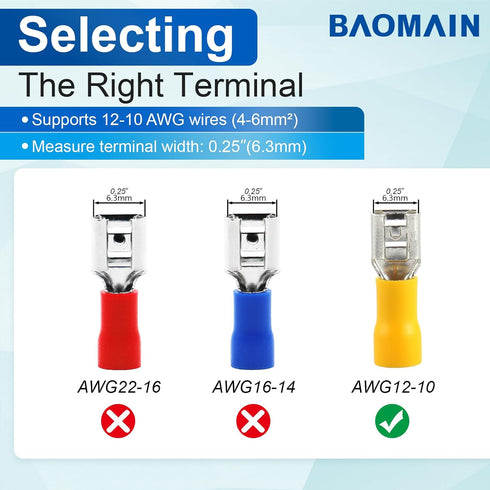 Baomain 1/4" Female Quick Disconnect Spade Terminals - Insulated Crimp Connectors 12-10 AWG 6.3mm (Yellow, 100-Pack)