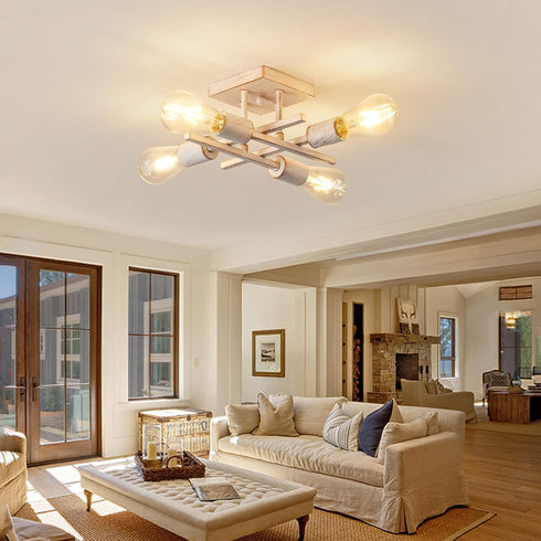 4-Light E26 Industrial Semi Flush Mount Ceiling Light Fixture, Modern White Gold Chandelier Lighting, Farmhouse Sputnik