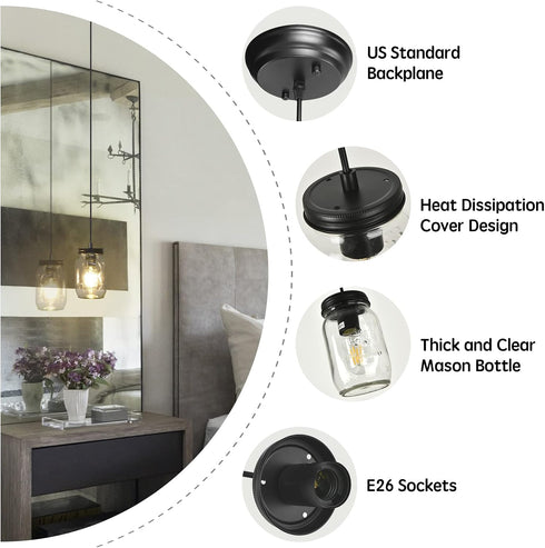 1-Light Glass Mason Jar Light Fixtures, Kitchen Island Lighting, Farmhouse Pendant Lights Kitchen Island, Adjustable