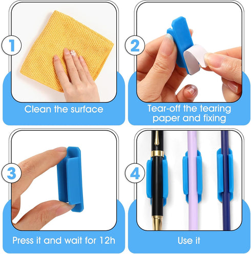 Set 40 VZZNN Adhesive Pen Holders for Desk of - Reusable Silicone Pencil Grips with Strong Sticky Pads, Flexible Pen