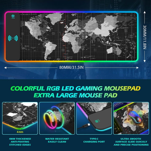 ToLuLu 5/7.5/10/15W 10 800x300x4MM RGB Gaming Wireless Charging Mouse Pad, Light Modes LED Mouse Pad Computer Keyboard