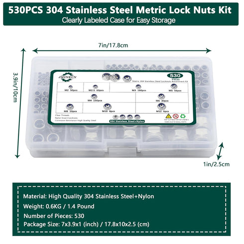 JMINRUN 530PCS Set M2-M12 Metric Nylon Insert Lock Nut Assortment Kit, Stainless Steel Standard Thread Nylock Nuts