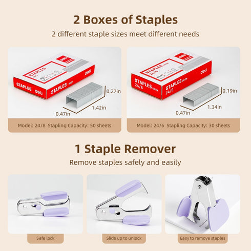 Deli Effortless Desktop Stapler, Heavy Duty, One Finger, 40-50 Sheet Capacity, includes Staples & Staple Remover, Violet