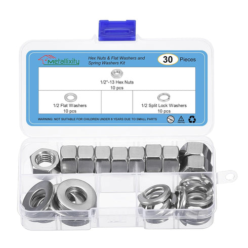 30Pcs Hex Nuts Assortment Kit, 1/2"-13 Hex Nuts with 1/2 Flat Washers & Split Lock Washers, 304 Stainless Steel Hardware