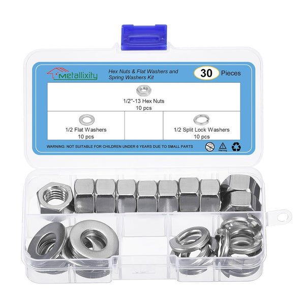 30Pcs Hex Nuts Assortment Kit, 1/2"-13 Hex Nuts with 1/2 Flat Washers & Split Lock Washers, 304 Stainless Steel Hardware