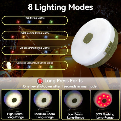 LEDLAY 33FT 8 Camping String Lights, Rechargeable String Lights with Modes, Waterproof Outdoor Lights with Delay