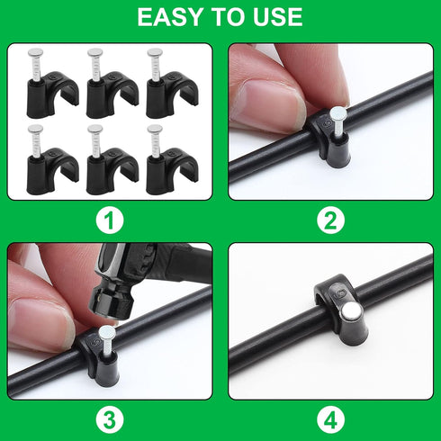 100pcs 1/2" / 12mm Half Clamp J-Hook with Nail, Cable Clips Ethernet Cable Nails Tacks Clips, Black