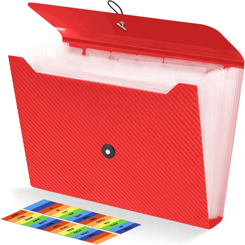 Expanding File Folder, 13 Pockets Accordion Organizer for A4 Letter Size Documents, Red, Ideal for Classroom, Home,