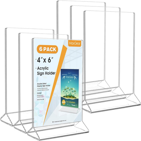 MaxGear Acrylic Sign Holder Table Card Display, 4 x 6 inches, Clear Plastic Table Menu Stand, 6 Pack