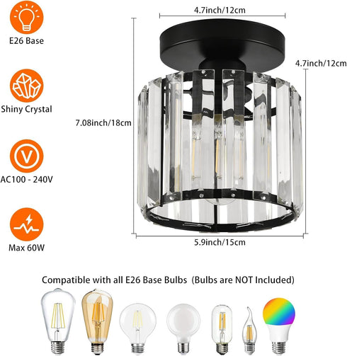 Crystal Ceiling Light Fixture, Modern Semi Flush Mount Chandelier, Black Close to Ceiling Lamp for Hallway, Kitchen
