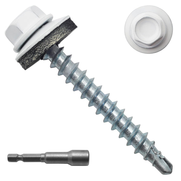 250pcs #10 x 1-1/2" White Hex Head Self-Drilling Metal Roofing Screws, EPDM Washer, Colored Head, Sheet Metal Roof