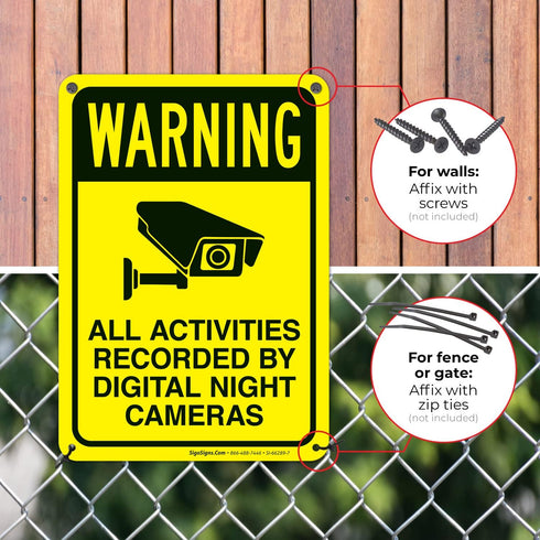 10x7 Inches, 55 Warning All Activities Recorded by Night Vision Cameras Sign, mil Thick HDPS (high Density
