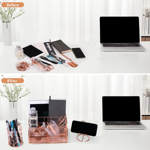 Rose Gold Desk Organizers Set with Stapler, Pen Holder, Phone Holder, Scissors, Ruler, Clips, Tacks, and Staples