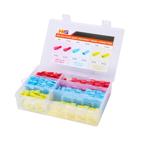 HKS 400PCS Nylon Spade Quick Disconnect Connector Kit - Male and Female Electrical Wire Connectors