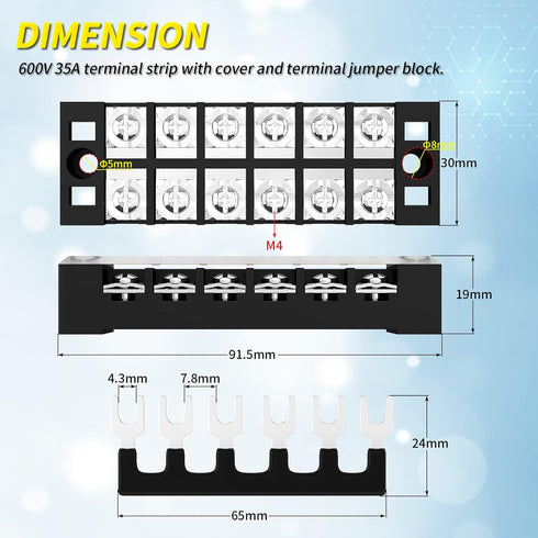 Joinfworld 35A Terminal Block 6 Position Screw Terminal Strip Dual Row with Cover & 6 Position Pre-Insulated Terminal Jumper Block -2pcs