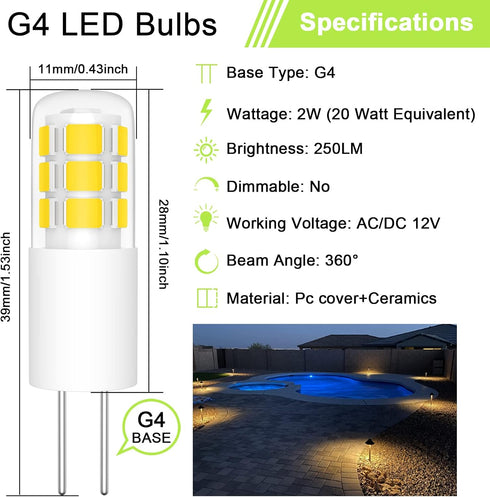 G4 LED Bulb 2W, 20W Halogen Equivalent, Warm White 3000K, AC/DC 12V, T3 JC Bi-Pin Base Light Bulbs for Under Cabinet Puck Light, Chandelier, Landscape Lighting, 10 Pack by Gaormii