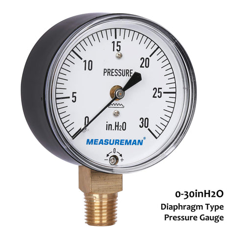MEASUREMAN Diaphragm Type Capsule Low Pressure Gauge 2-1/2" Dial, 1/4" NPT Lower Mount, Adjustable, 0-30 in H2O