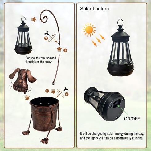 Solar Lights Outdoor with Planter Pot,Metal Dog Solar Lamp Post with Planter Base Outdoor Decorative